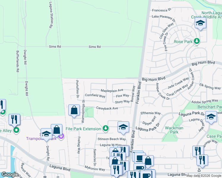 map of restaurants, bars, coffee shops, grocery stores, and more near 4625 Mapleplain Avenue in Elk Grove