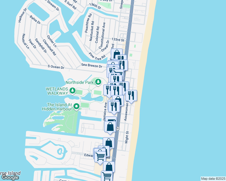 map of restaurants, bars, coffee shops, grocery stores, and more near 104 127th Street in Ocean City