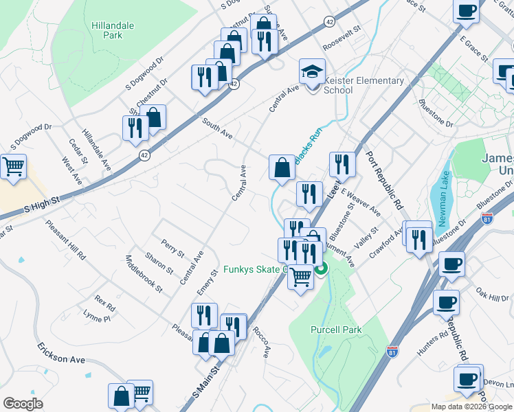 map of restaurants, bars, coffee shops, grocery stores, and more near 56 East Hampton Court in Harrisonburg