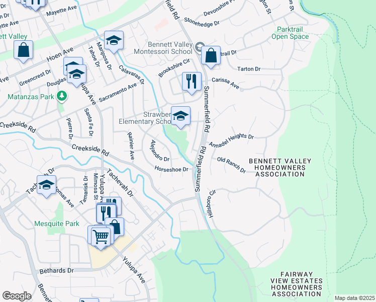 map of restaurants, bars, coffee shops, grocery stores, and more near 2157 San Antonio Drive in Santa Rosa