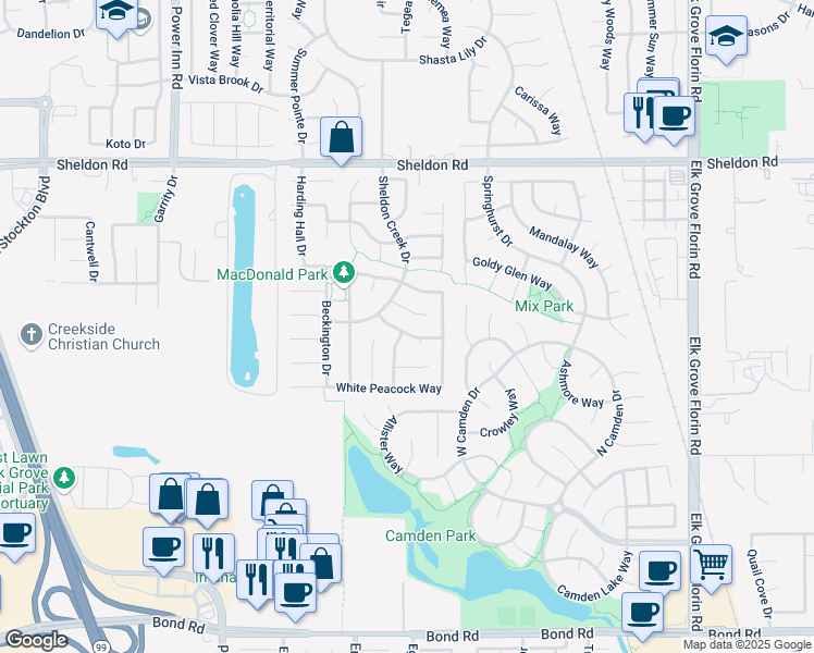 map of restaurants, bars, coffee shops, grocery stores, and more near 8655 Alaska Range Way in Elk Grove