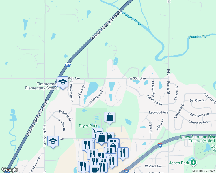 map of restaurants, bars, coffee shops, grocery stores, and more near 2924 Hidden Lakes Drive in Emporia