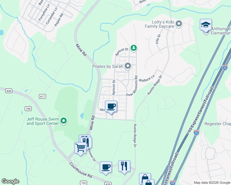 map of restaurants, bars, coffee shops, grocery stores, and more near 402 Apricot Street in Stafford