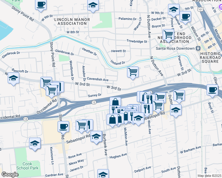 map of restaurants, bars, coffee shops, grocery stores, and more near 503 Rusch Court in Santa Rosa