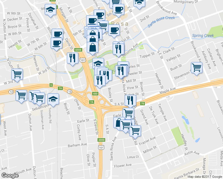 map of restaurants, bars, coffee shops, grocery stores, and more near 410 Bosley Street in Santa Rosa
