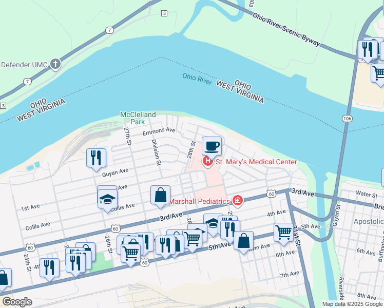 map of restaurants, bars, coffee shops, grocery stores, and more near 88 28th Street in Huntington