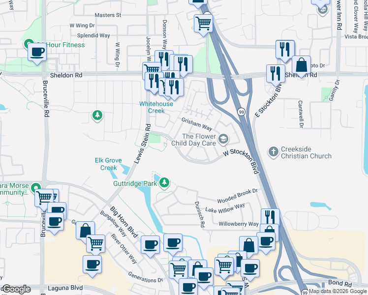 map of restaurants, bars, coffee shops, grocery stores, and more near 8941 Paulhaus Way in Elk Grove