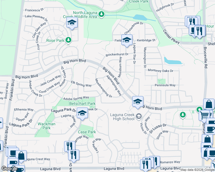map of restaurants, bars, coffee shops, grocery stores, and more near 8926 Willowspring Court in Elk Grove