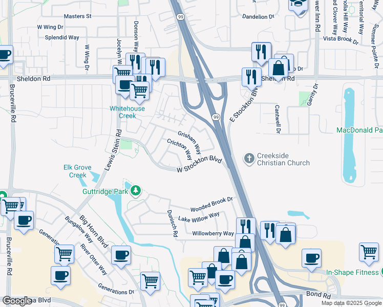 map of restaurants, bars, coffee shops, grocery stores, and more near 8239 Crichton Way in Elk Grove