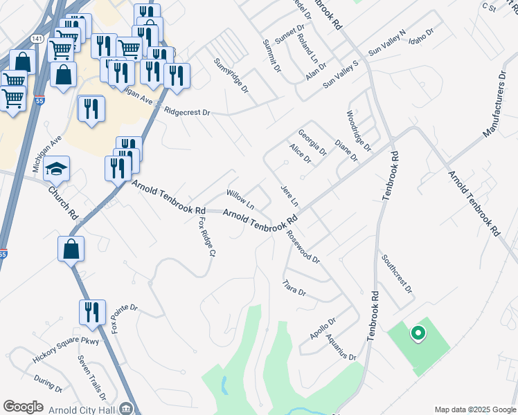 map of restaurants, bars, coffee shops, grocery stores, and more near 2628 Willow Drive in Arnold