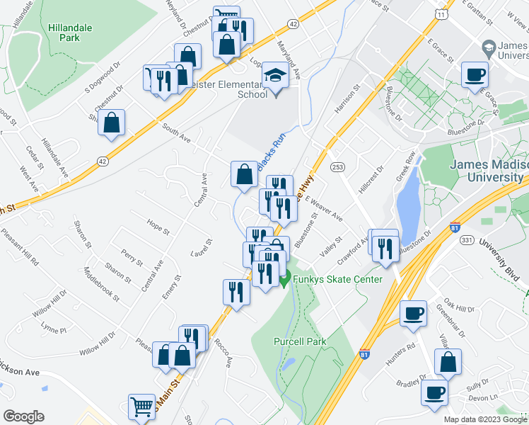 map of restaurants, bars, coffee shops, grocery stores, and more near 15 South Avenue in Harrisonburg