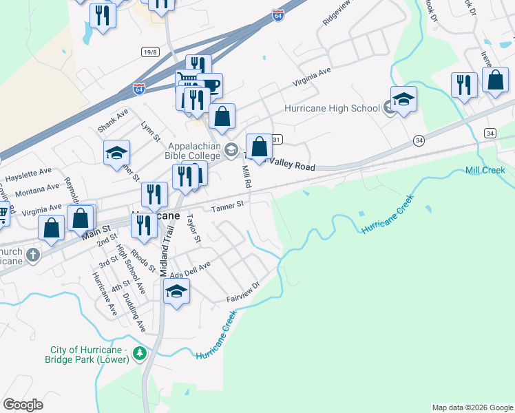 map of restaurants, bars, coffee shops, grocery stores, and more near 24 Alexander Place in Hurricane