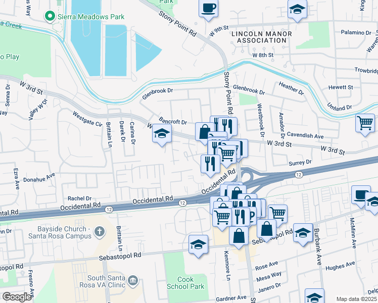 map of restaurants, bars, coffee shops, grocery stores, and more near 373 Gate Way in Santa Rosa