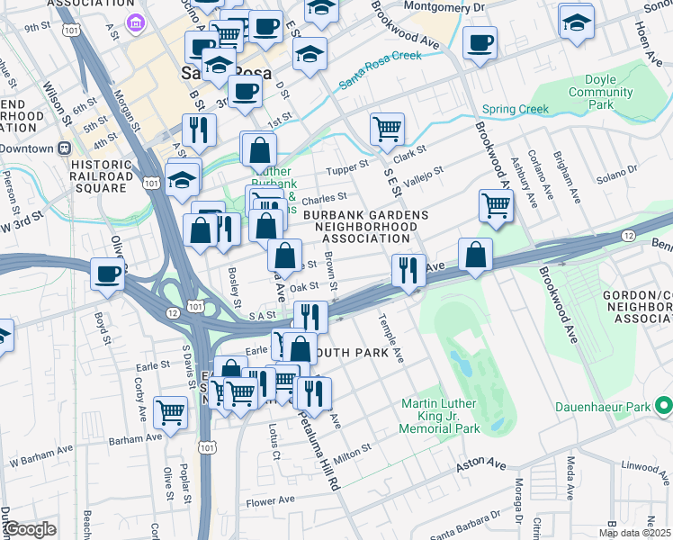 map of restaurants, bars, coffee shops, grocery stores, and more near 610 Brown Street in Santa Rosa
