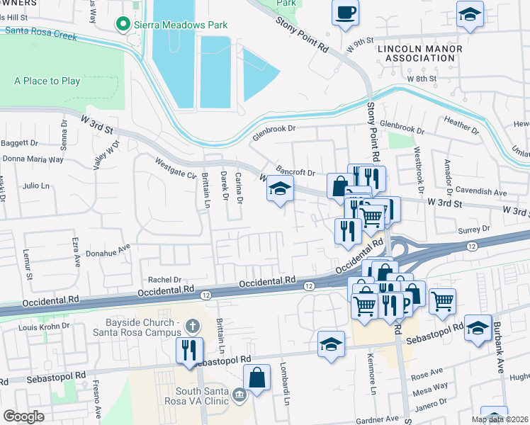 map of restaurants, bars, coffee shops, grocery stores, and more near 246 Brittain Lane in Santa Rosa
