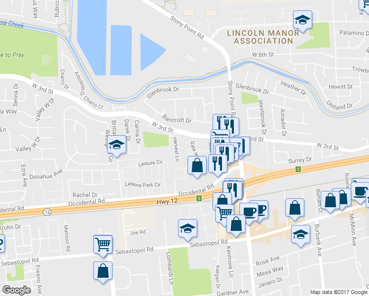 map of restaurants, bars, coffee shops, grocery stores, and more near 350 Harvest Lane in Santa Rosa