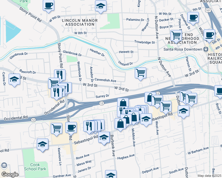 map of restaurants, bars, coffee shops, grocery stores, and more near 503 Surrey Drive in Santa Rosa