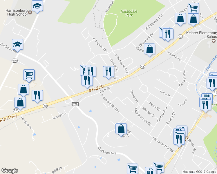 map of restaurants, bars, coffee shops, grocery stores, and more near 1781 Pear Street in Harrisonburg