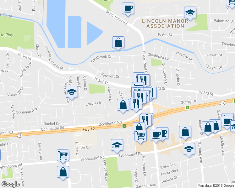 map of restaurants, bars, coffee shops, grocery stores, and more near 365 Gate Way in Santa Rosa