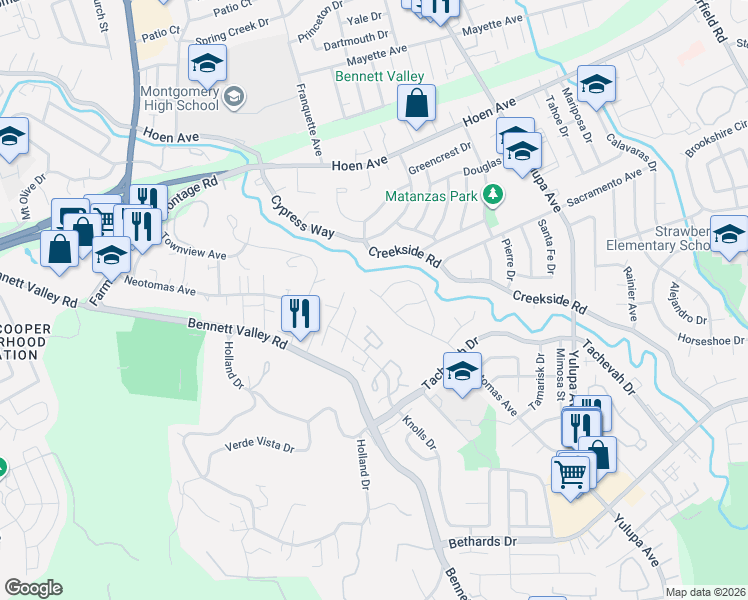 map of restaurants, bars, coffee shops, grocery stores, and more near 1881 Bennett Meadows Lane in Santa Rosa