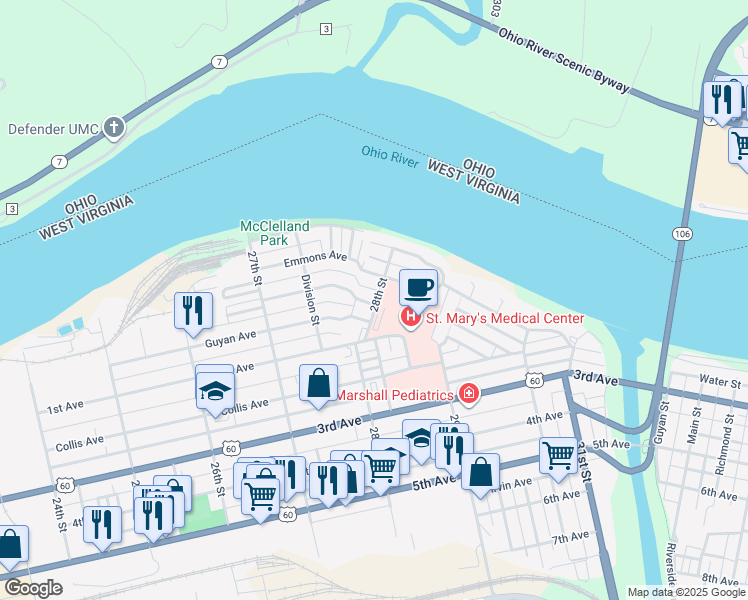 map of restaurants, bars, coffee shops, grocery stores, and more near 88 28th Street in Huntington