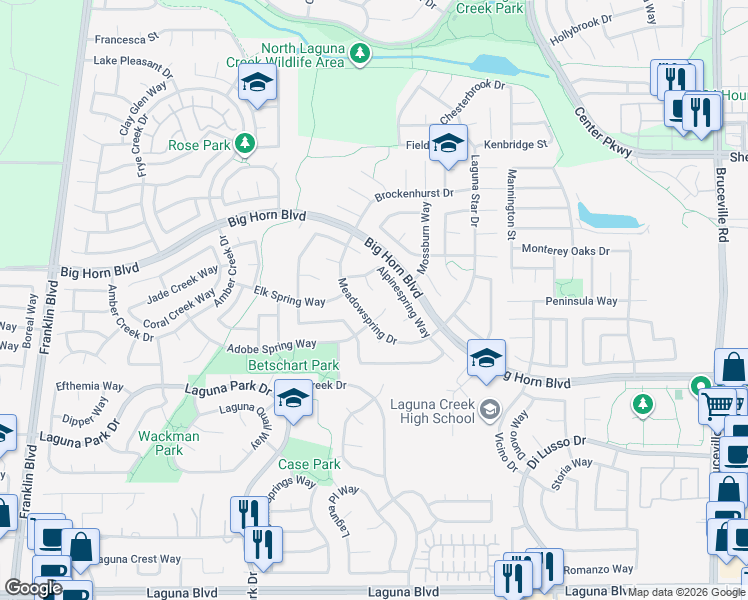 map of restaurants, bars, coffee shops, grocery stores, and more near 8926 Willowspring Court in Elk Grove