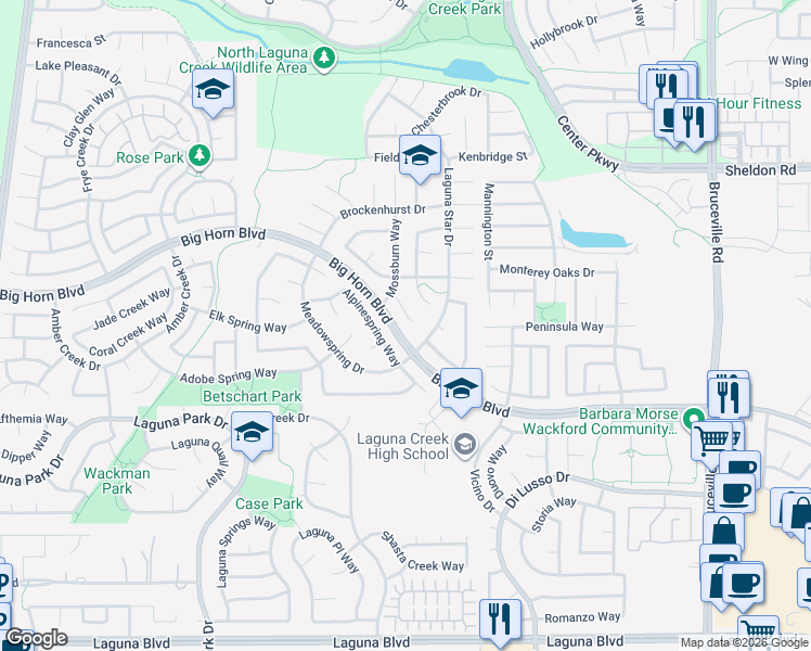 map of restaurants, bars, coffee shops, grocery stores, and more near 8922 Marlayana Court in Elk Grove