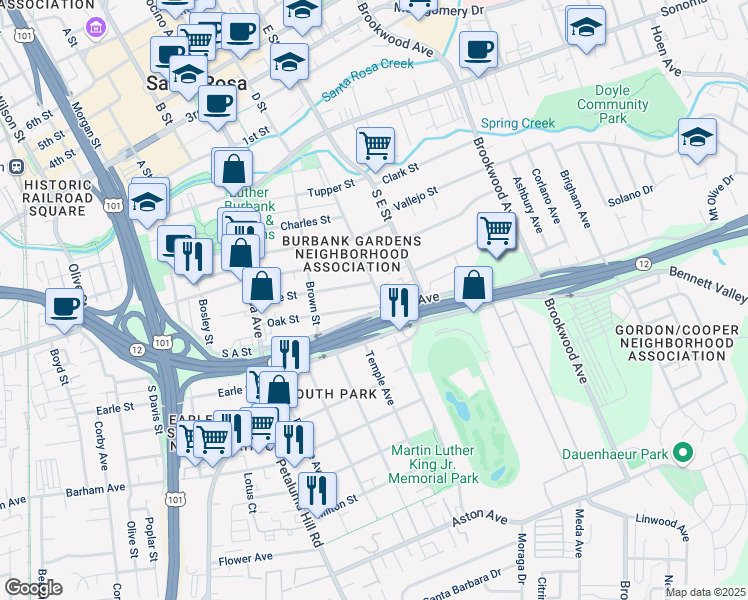 map of restaurants, bars, coffee shops, grocery stores, and more near 621 Hendley Street in Santa Rosa