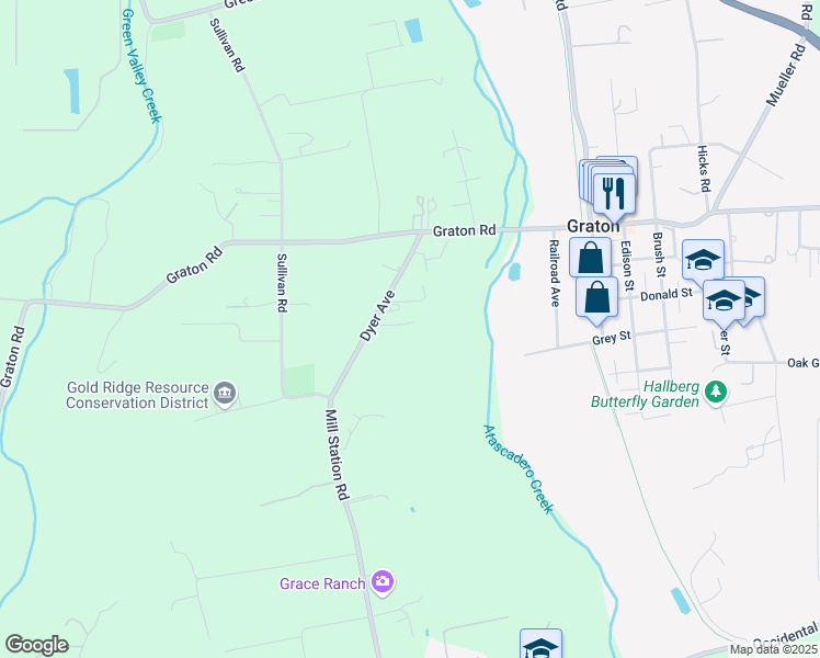 map of restaurants, bars, coffee shops, grocery stores, and more near 2885 Dyer Avenue in Sebastopol