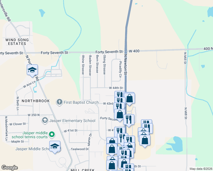 map of restaurants, bars, coffee shops, grocery stores, and more near 4427 Obing Strasse in Jasper