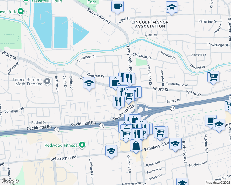 map of restaurants, bars, coffee shops, grocery stores, and more near 1707 Oldfield Way in Santa Rosa