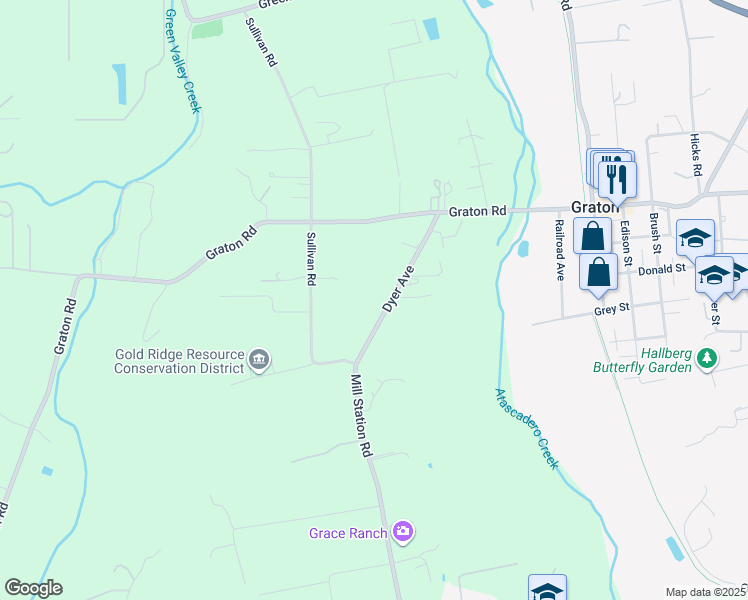 map of restaurants, bars, coffee shops, grocery stores, and more near 2885 Dyer Avenue in Sebastopol