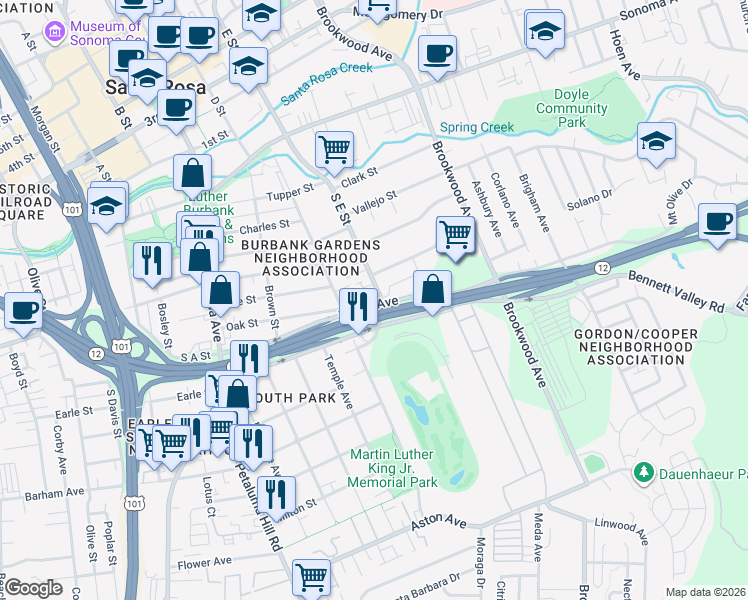 map of restaurants, bars, coffee shops, grocery stores, and more near 555 South E Street in Santa Rosa