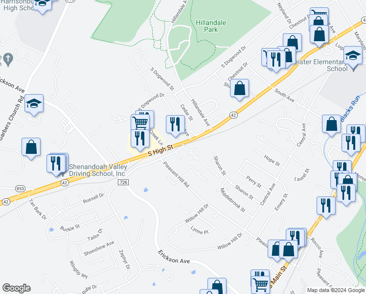 map of restaurants, bars, coffee shops, grocery stores, and more near 1727 Pear Street in Harrisonburg