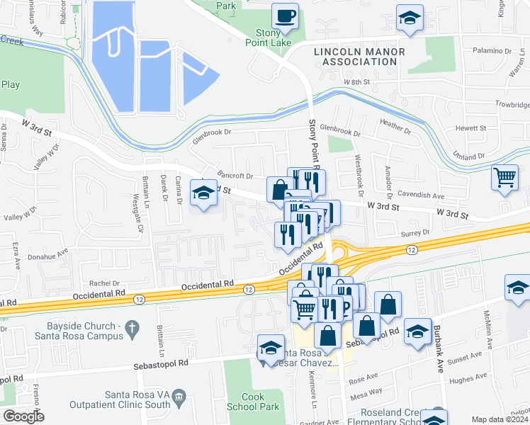 map of restaurants, bars, coffee shops, grocery stores, and more near 380 Gate Way in Santa Rosa