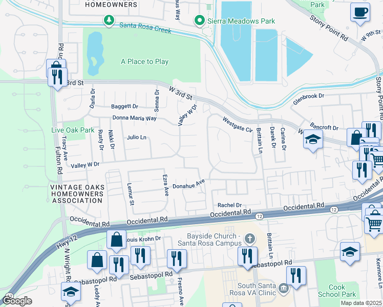 map of restaurants, bars, coffee shops, grocery stores, and more near 2315 Pacheco Place in Santa Rosa