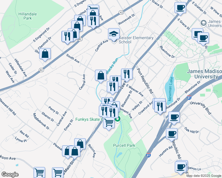 map of restaurants, bars, coffee shops, grocery stores, and more near 15 South Avenue in Harrisonburg