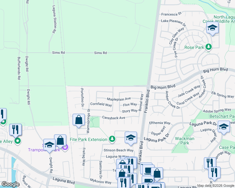 map of restaurants, bars, coffee shops, grocery stores, and more near 4625 Mapleplain Avenue in Elk Grove