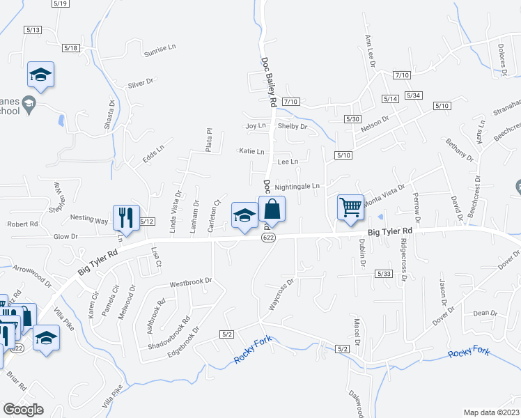 map of restaurants, bars, coffee shops, grocery stores, and more near Drexel Place in Cross Lanes