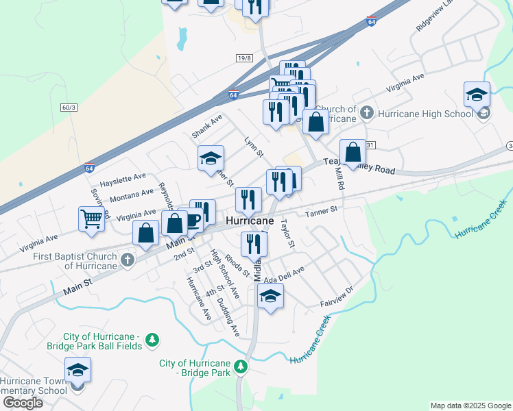 map of restaurants, bars, coffee shops, grocery stores, and more near 2922 Putnam Avenue in Hurricane