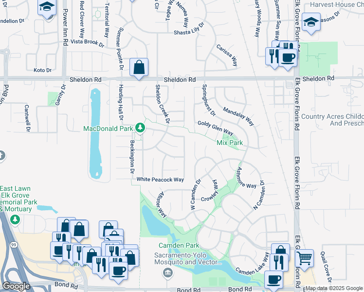 map of restaurants, bars, coffee shops, grocery stores, and more near 8694 White Peacock Way in Elk Grove