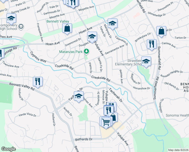 map of restaurants, bars, coffee shops, grocery stores, and more near 2520 Creekside Road in Santa Rosa