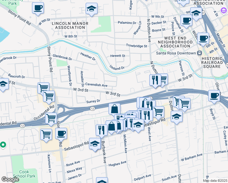 map of restaurants, bars, coffee shops, grocery stores, and more near 503 Rusch Court in Santa Rosa