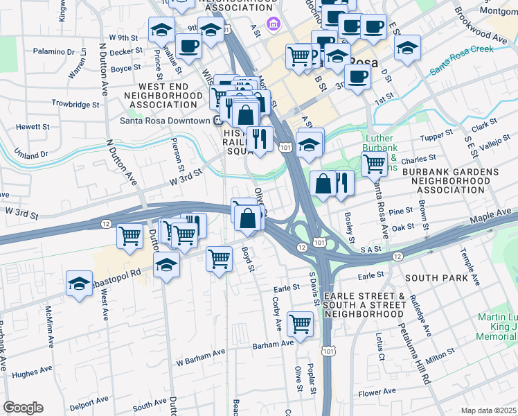 map of restaurants, bars, coffee shops, grocery stores, and more near 223 Olive Street in Santa Rosa