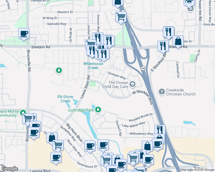 map of restaurants, bars, coffee shops, grocery stores, and more near 8941 Paulhaus Way in Elk Grove