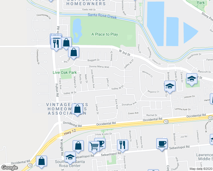 map of restaurants, bars, coffee shops, grocery stores, and more near 2364 Julio Lane in Santa Rosa