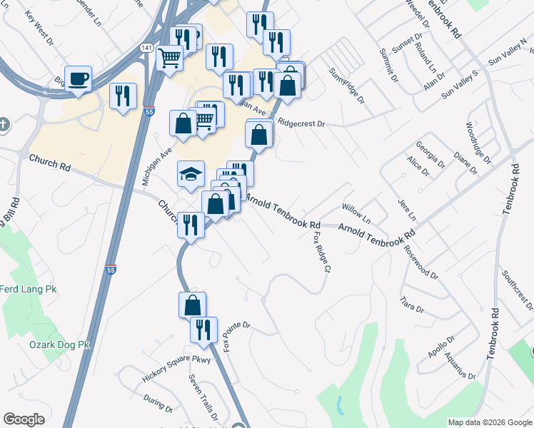 map of restaurants, bars, coffee shops, grocery stores, and more near 2503 Arnold Tenbrook Road in Arnold