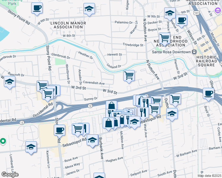 map of restaurants, bars, coffee shops, grocery stores, and more near 503 Rusch Court in Santa Rosa