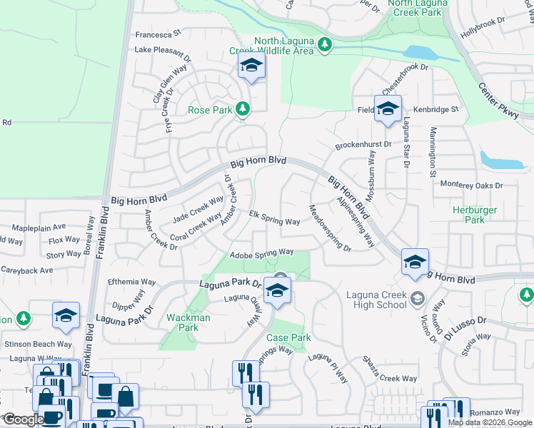 map of restaurants, bars, coffee shops, grocery stores, and more near 5809 Elk Spring Way in Elk Grove