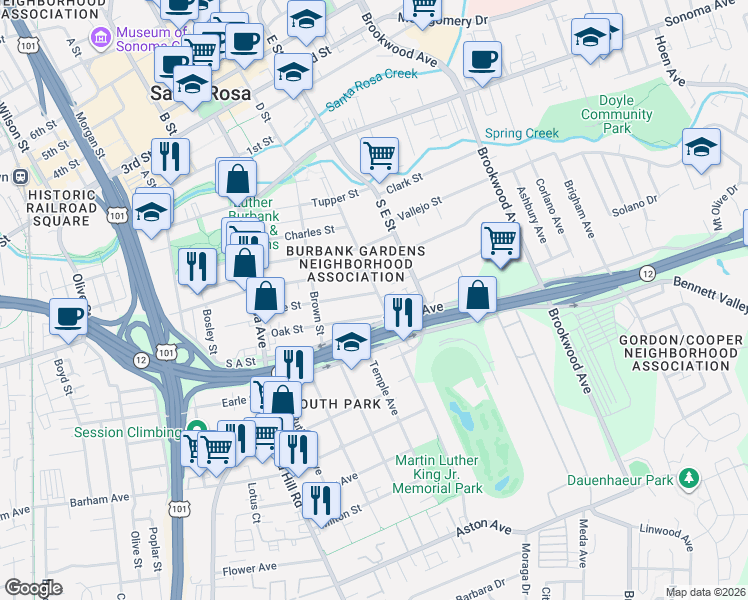 map of restaurants, bars, coffee shops, grocery stores, and more near 700 Hendley Street in Santa Rosa